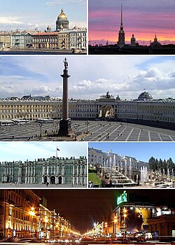 Top left to bottom right: Saint Isaac's Cathedral rises over the city, Peter and Paul Fortress on Zayachy Island, Palace Square with the Alexander Column, the Winter Palace, Petergof, and Nevsky Prospekt.