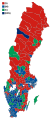 Votes by municipality. The municipalities are the color of the party that got the most votes within the coalition that won relative majority.