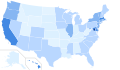 Results by state, shaded according to percentage of the vote for Clinton