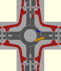 A single lane roundabout with a bidirectional circulatory cycle track and set back cycle crossings. Cyclists must give way to vehicles leaving and joining the roundabout.