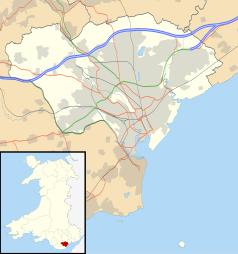 Mapa konturowa Cardiff, w centrum znajduje się punkt z opisem „Cardiff City Stadium”