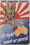 Australijski plakat propagandowy z 1942 r. przedstawiający zagrożenie ze strony japońskiej inwazji