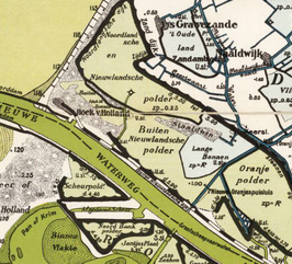 Oranjekanaal, gelegen tussen de Buiten-Nieuwlandsepolder en Oranjepolder (kaart 1901)