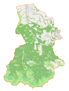 Mapa konturowa gminy Kościelisko, u góry znajduje się punkt z opisem „Parafia MB Częstochowskiej w Dzianiszu”