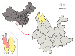 Location of Deqin County (pink) within Diqing Prefecture (yellow) and Yunnan
