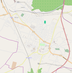 Mapa konturowa Mławy, u góry po lewej znajduje się punkt z opisem „Mława”