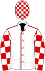 White, red seams, red and white check sleeves and cap