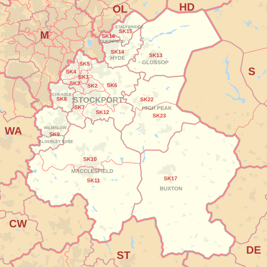 SK postcode area map, showing postcode districts, post towns and neighbouring postcode areas.