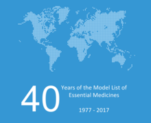 World map with the words "40 years of the model list of essential medicines 1977–2017"