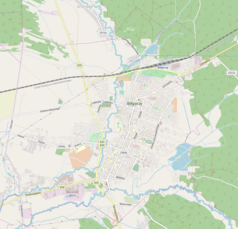 Mapa konturowa Biłgoraja, w centrum znajduje się punkt z opisem „Skansen „Zagroda Sitarska””