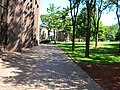 A view of the campus of Stevens Institute of Technology, with Palmer Hall in the background and the Samuel C. Williams Library to the left