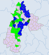 Ethnic townships in Liupanshui except Liuzhi. Light green - Yi. Blue - Miao. Dark green - Bouyei