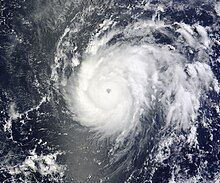 A photograph of a strengthening hurricane over the Central Pacific Ocean