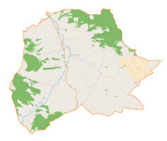 Mapa konturowa gminy Gnojnik, u góry nieco na lewo znajduje się punkt z opisem „Parafia św. Floriana”