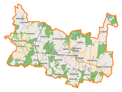 Mapa konturowa gminy Prusice, blisko centrum na dole znajduje się punkt z opisem „Krościna Mała”