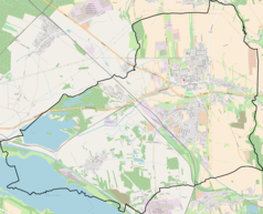 Mapa konturowa Pyskowic, u góry nieco na prawo znajduje się punkt z opisem „Pyskowice Miasto”