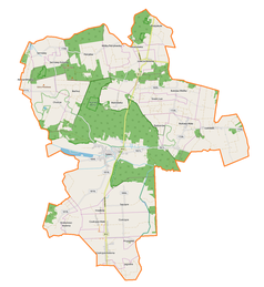 Mapa konturowa gminy Sawin, blisko centrum u góry znajduje się punkt z opisem „Malinówka”