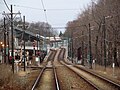 Blick zur aufgeständerten Endschleife Ashmont, nach links geht das Betriebsgleis zur U-Bahn ab