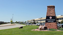 A view of the entrance to Centennial Airport.