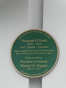 Desmond O'Grady plaque, White Horse Bar, Limerick