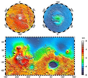 Vastitas Borealis ist die große Ebene oben auf dem Bild der topographischen Karte.