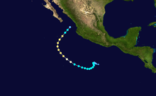 A track map of the path of a hurricane off the Pacific coast of Mexico