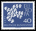 1961: Stylised dove made up of 19 individual doves. 1 for each 1961 member of CEPT. Designed by Theo Kurpershoek of the Netherlands.