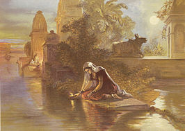 Indiase vrouw die lampen laat drijven op de Ganges, chromolitho door William Simpson (1823-1899)