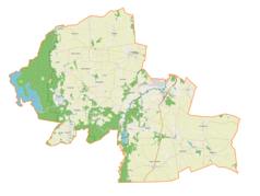 Mapa konturowa gminy Kurzętnik, po lewej nieco u góry znajduje się punkt z opisem „Żurawie Bagno”