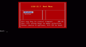 LILO-Bootmenü mit Windows als Standardauswahl und der Möglichkeit, innerhalb von 18 Sekunden eine andere Plattform auszuwählen