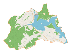 Mapa konturowa gminy Mucharz, blisko centrum na dole znajduje się punkt z opisem „Siedlisko”