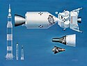 Drawings of Mercury, Gemini capsules and Apollo spacecraft, with their launch rockets