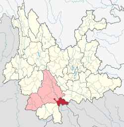 Location of Jiangcheng County (red) in Pu'er City (pink) and Yunnan