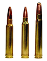 Da sinistra a destra: .338 Winchester Magnum, .300 Winchester Magnum e .375 Holland & Holland Magnum, per fucile, cinturati