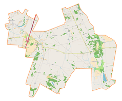 Mapa konturowa gminy Brójce, blisko centrum na lewo znajduje się punkt z opisem „Kościół Miłosierdzia Bożego w Woli Rakowej”