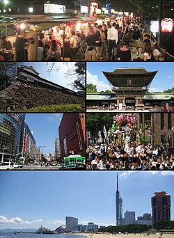 Yukarıdan sola: Nakasu'da bir yatai, Fukuoka Kalesi, Hakozaki Tapınağı, Şehir merkezi, Hakata Gion Yamakasa, Momochi Plajı ve Fukuoka Kulesi