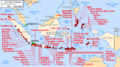 Pasifik ateş çemberi bölgesinde bulunan Endonezya'daki yanardağlar kırmızı üçgenle gösterilmiştir