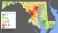 Image 19Maryland population distribution map; Maryland's population is concentrated mostly in the Washington–Baltimore combined statistical area. (from Maryland)