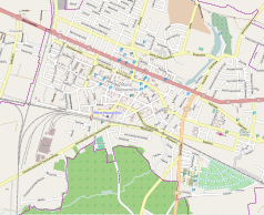 Mapa konturowa Mińska Mazowieckiego, po prawej znajduje się punkt z opisem „Sanktuarium Matki Bożej Hallerowskiej w Mińsku Mazowieckim”