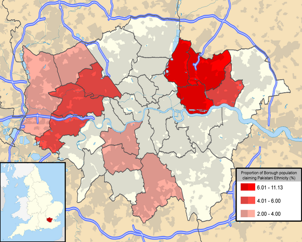 London Boroughs with population claiming Pakistani ethnicity of more than 2 percent
