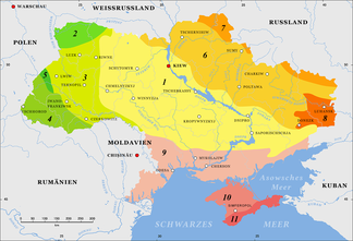 Tektonische Struktur der Ukraine ﻿ 1. Ukrainischer Schild ﻿ 6. Dneprtiefland ﻿ 8. Donezplatte ﻿ 9. Schwarzmeersenke