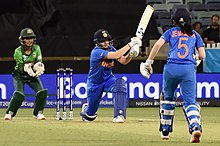Shafali Verma hits out during the Group A clash between India and Bangladesh at the WACA Ground