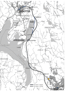 Spoorlijn Sandvika - Hønefoss op de kaart