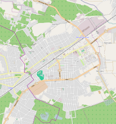 Mapa konturowa Wołomina, w centrum znajduje się punkt z opisem „Cerkiew Świętych Apostołów Piotra i Pawła”