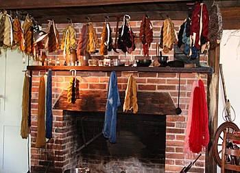 Yarn drying after being dyed in early American tradition