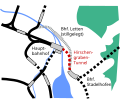 Eisenbahnlinien im Zentrum von Zürich mit dem stillgelegten Teil der Rechtsufrigen Seebahn in grau – Lettentunnel zwischen Bahnhof Letten und Bahnhof Stadelhofen