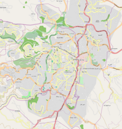 Mapa konturowa Jerozolimy, w centrum znajduje się punkt z opisem „Muzeum Izraela”