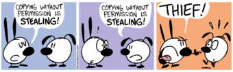 Mimi says: Copying without permission is stealing! Eunice says: Copying without permission is stealing! Mimi shouts at Eunice: THIEF!