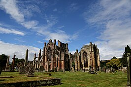 De ruïne van Melrose Abbey in de Scottish Borders