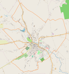 Mapa konturowa Opatowa, w centrum znajduje się punkt z opisem „Klasztor bernardynów w Opatowie”